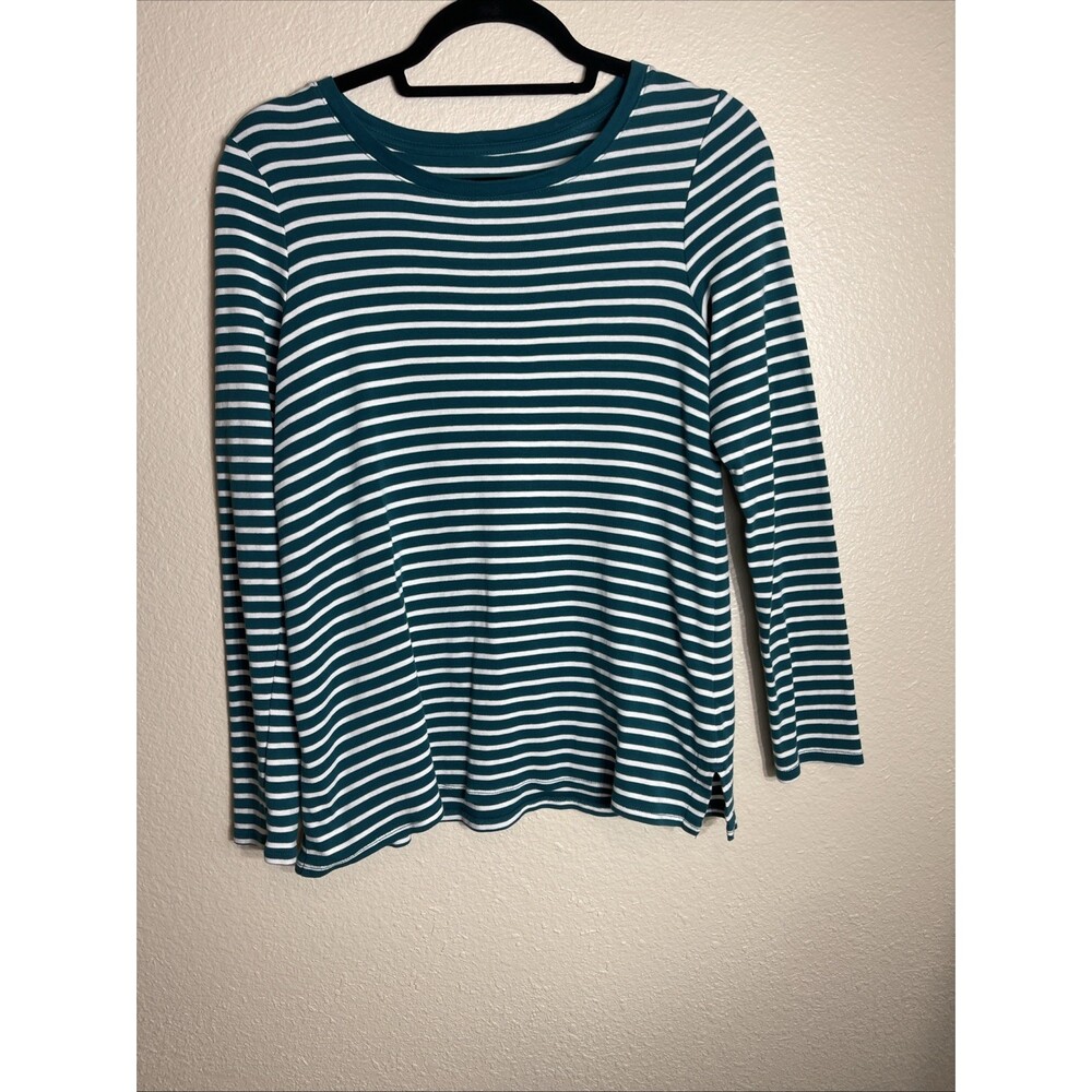 J Jill Long Sleeve 100% Pima Cotton Tee Green And White Stripes Crew Neck Sz S